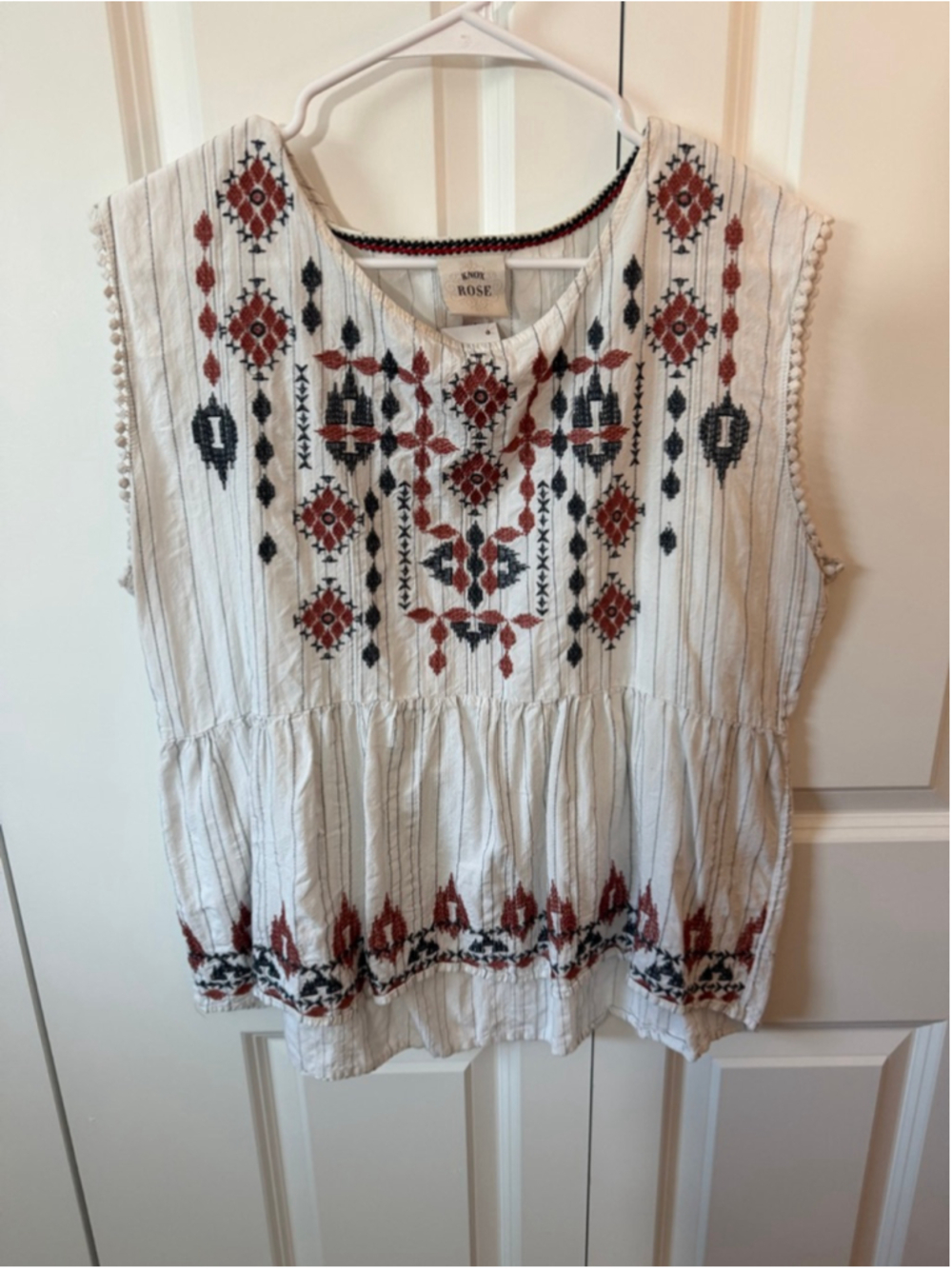 Knox Rose Tank Top L White Red Embroidered